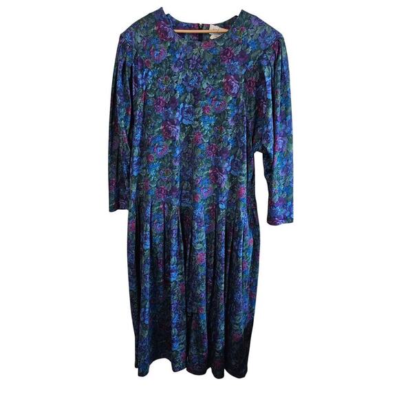 Vintage Dresses & Skirts - Vintage Drop Waist Dress Women 2X Floral 80s Glam Rock Pleated Festival Cottage